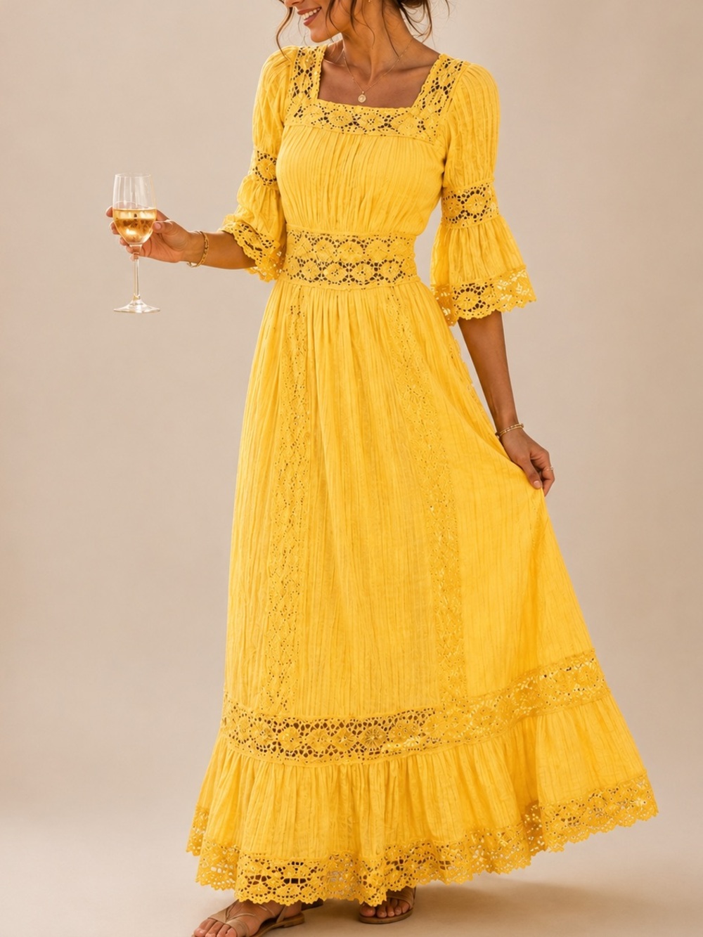 1970s Style Marigold Yellow Lace Prairie Maxi Dress Small